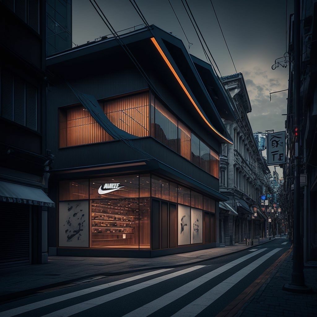 Exemple de concept store dessiné par les algorithms de Midjourney pour Nike à Kyoto.